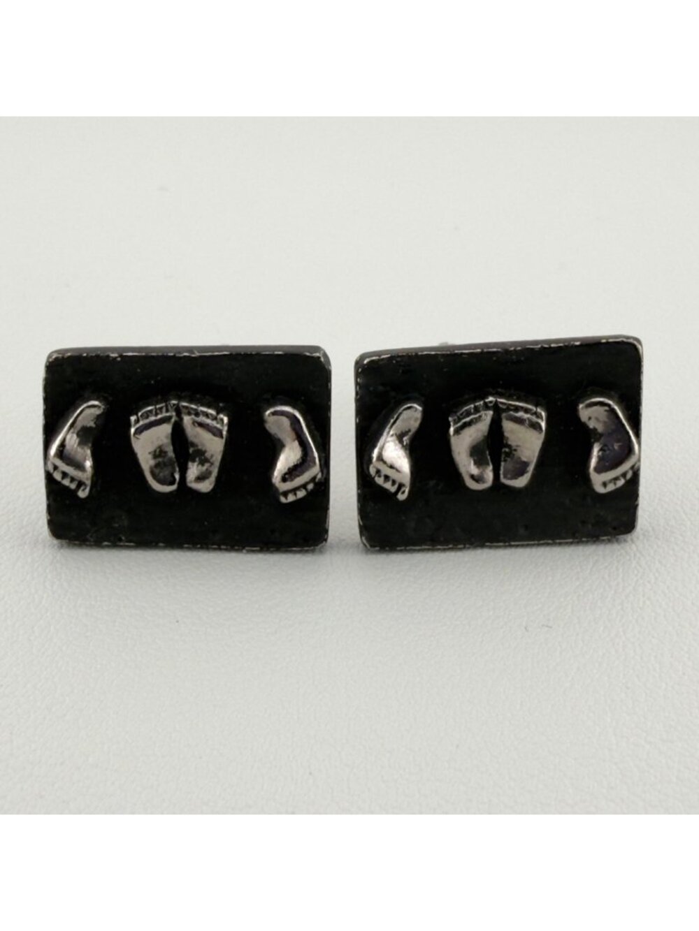 Vintage Black Silver Tone Rectangle Baby Feet Cuff Links